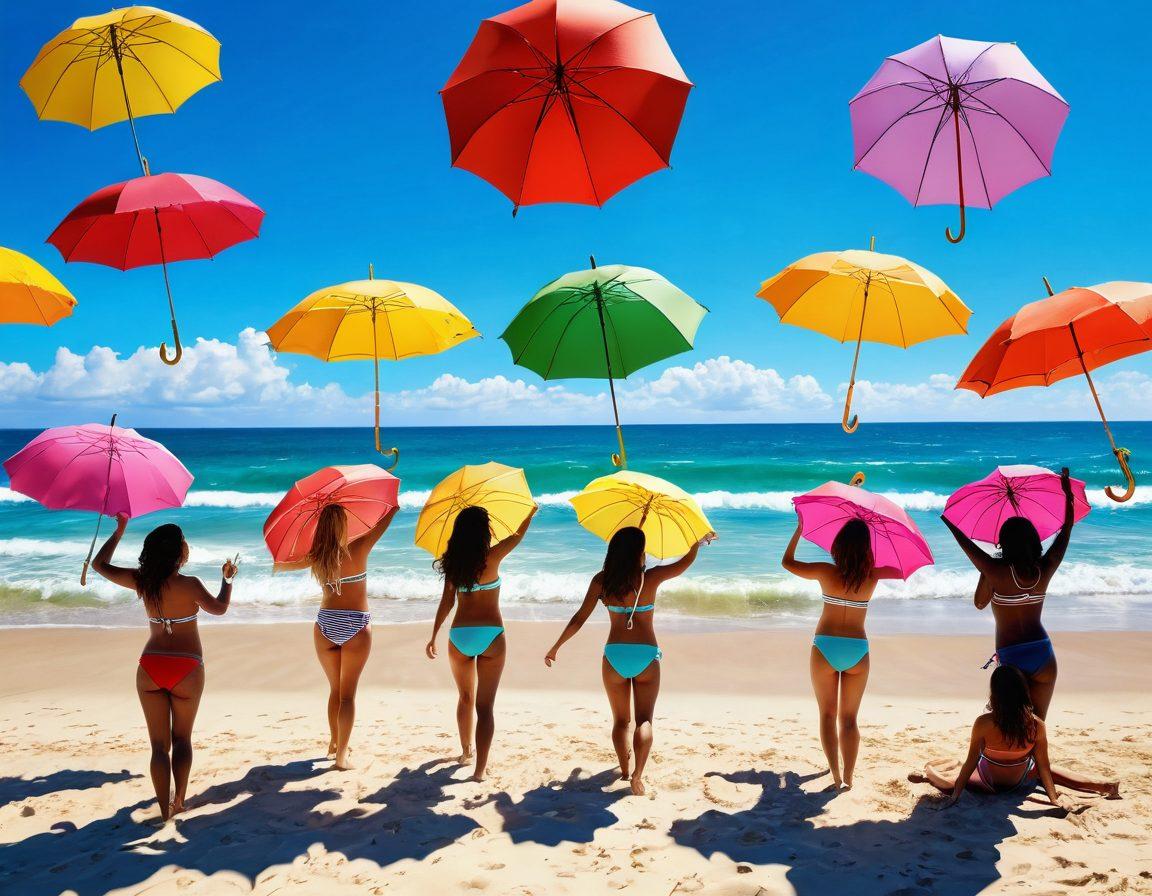 A vibrant beach scene featuring a diverse group of fashionable women in trendy bikinis, exuding joy and confidence under the bright summer sun. Brightly colored umbrellas dot the sandy shore, with playful ocean waves crashing in the background. The atmosphere is lively, filled with laughter and warmth, capturing the essence of summer vibes. Include a clear blue sky with fluffy white clouds. super-realistic. vibrant colors. sunny atmosphere.
