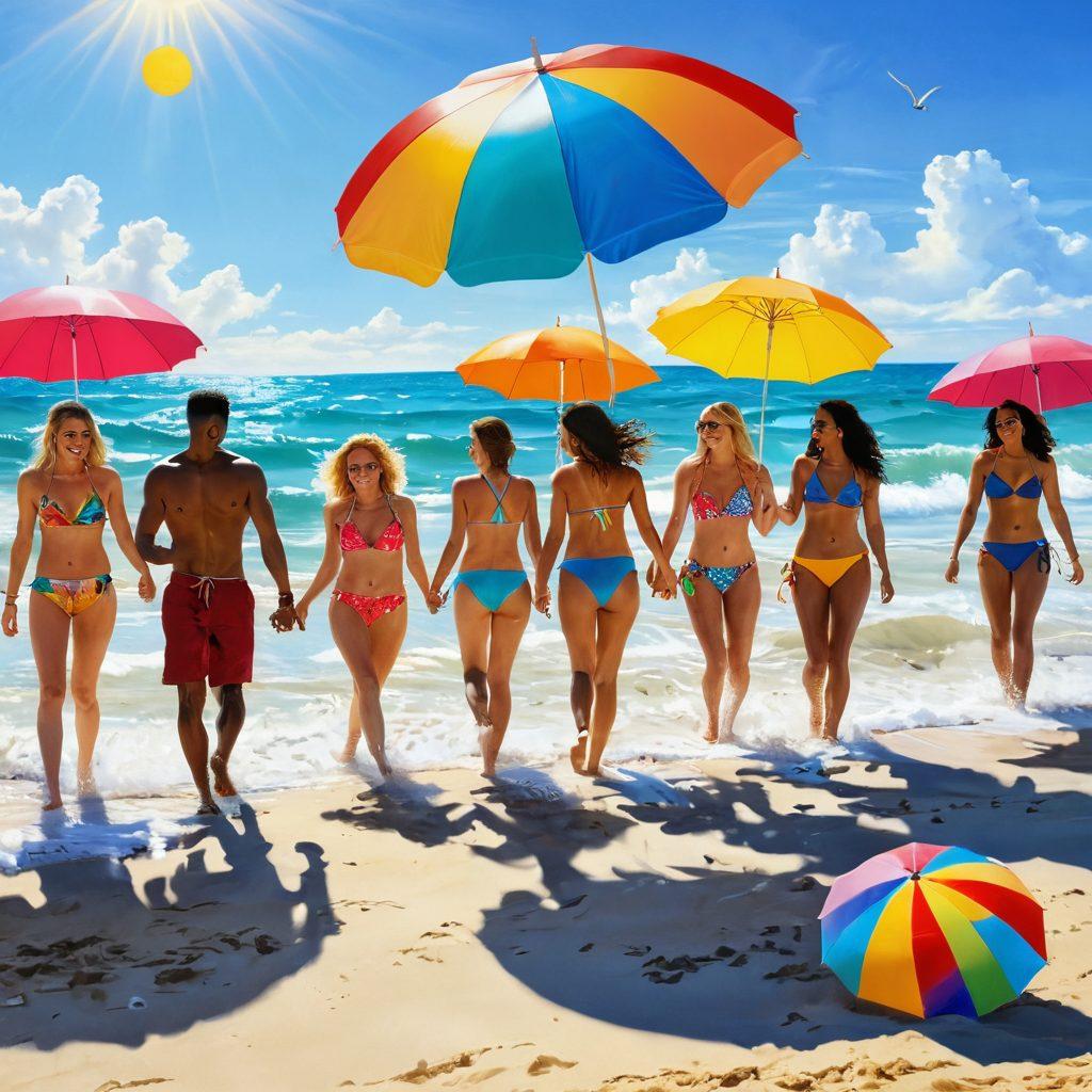 A vibrant beach scene depicting a diverse group of friends joyfully playing in the waves, wearing colorful and stylish swimwear that embodies the essence of summer. Include beach umbrellas, sandcastles, and a bright sun shining overhead, evoking a sense of happiness and fun. Incorporate splashes of water and laughter to enhance the atmosphere of joy. super-realistic. vibrant colors.