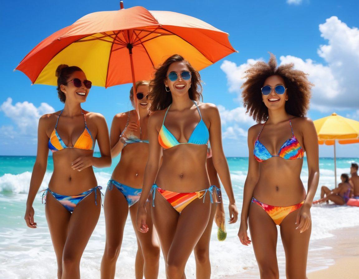 A sun-kissed beach scene featuring diverse models in trendy bikinis, laughing and splashing in vibrant ocean waves. The background showcases a bright blue sky with fluffy clouds and people enjoying beach activities. Add colorful beach accessories like umbrellas and towels to enhance the summer vibe. Emphasize a feeling of joy and freedom, using vivid colors to evoke warmth and fun. super-realistic. vibrant colors. summer theme.